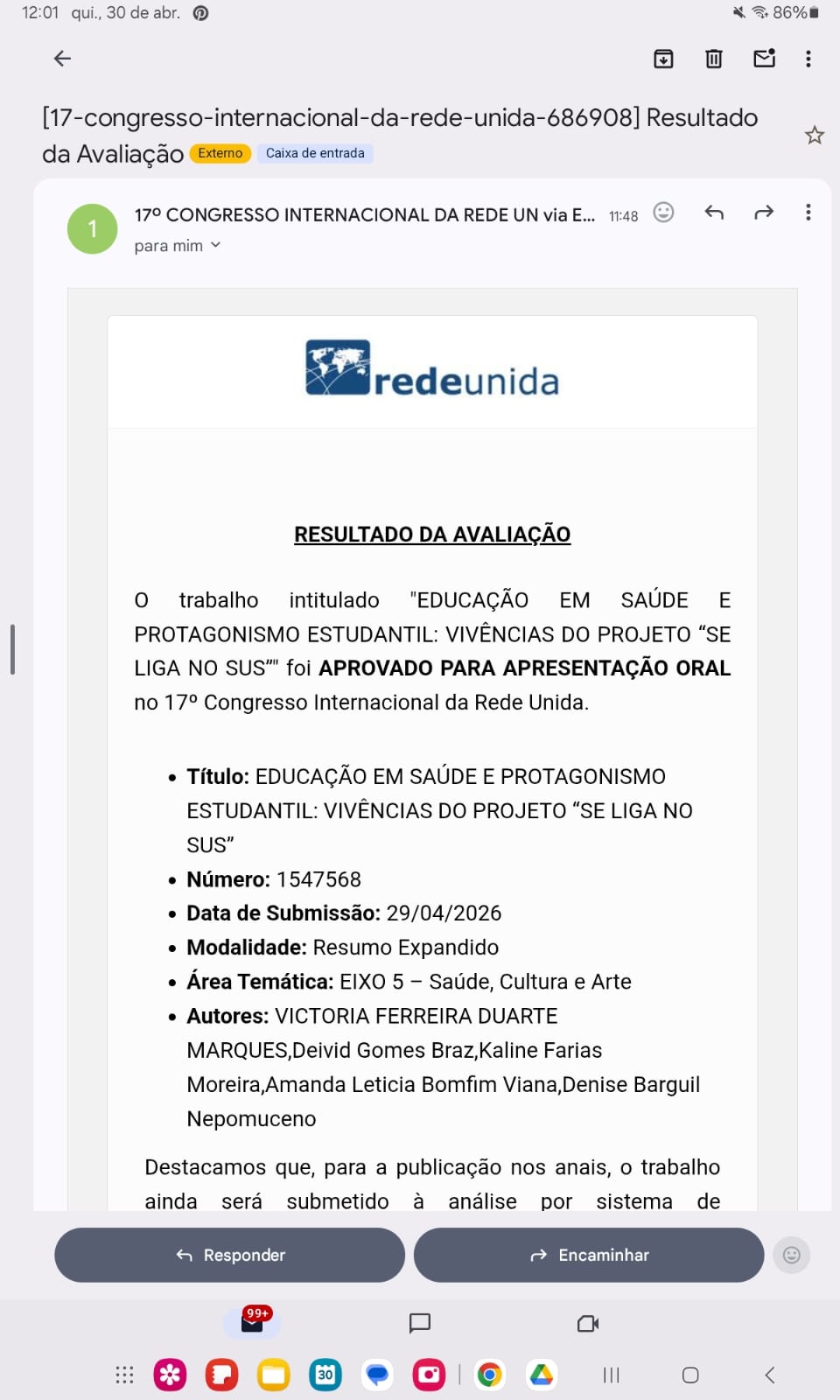 Resumo aprovado para apresentação oral no 17º CONGRESSO INTERNACIONAL DA REDE UNIDA 